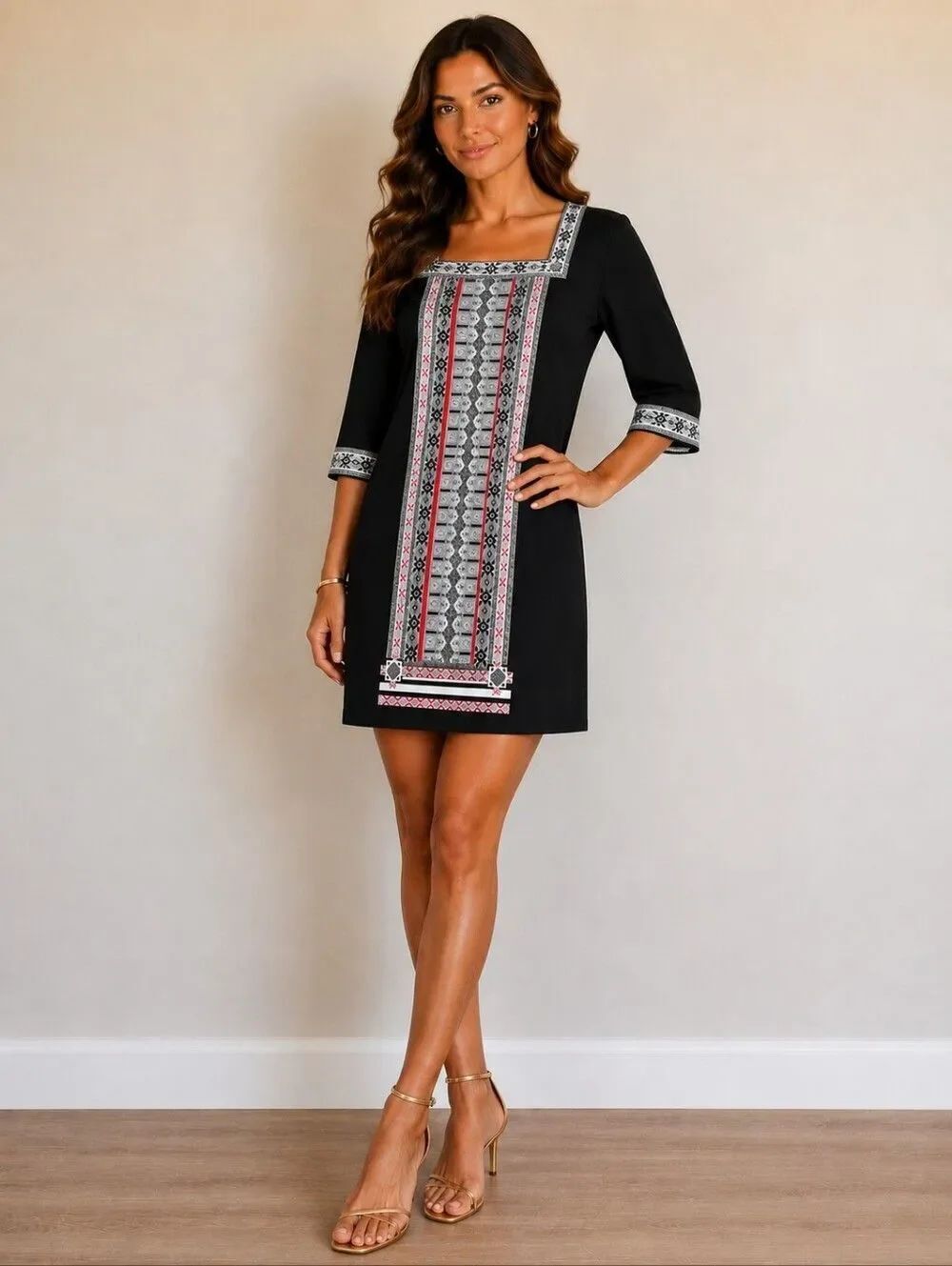 Sandra Darren Black Shift Dress with White and Red Accents Size 8